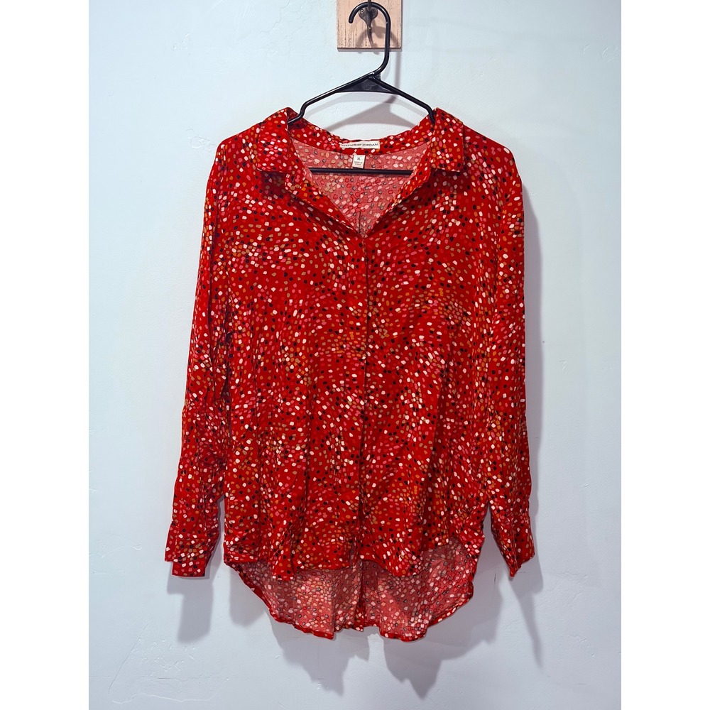 Alexander Jordan Red Abstract Dot Rayon Button Down Blouse XL High Low Hem
